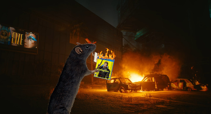 A rat burning Cyberpunk 2077